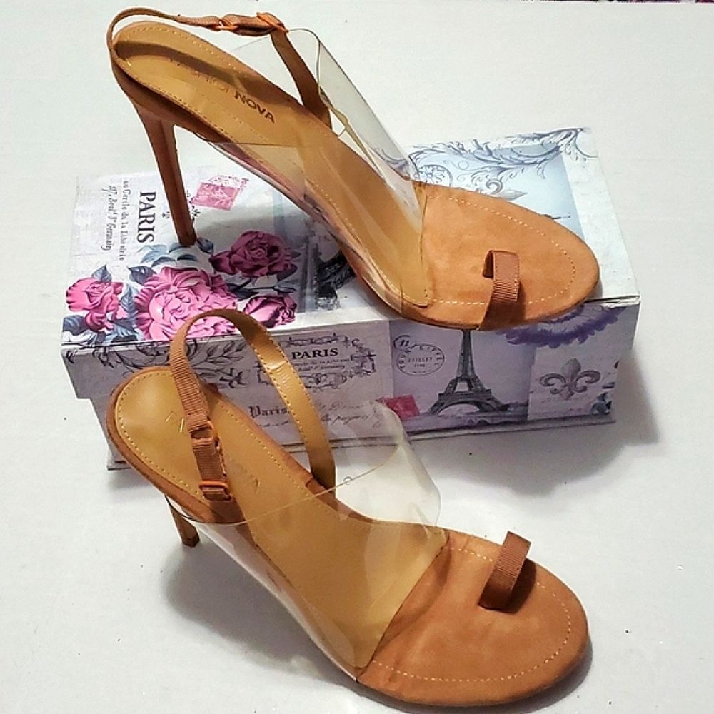 Fashion Nova Nude Toe Strap Clear Slingback Stiletto Heels